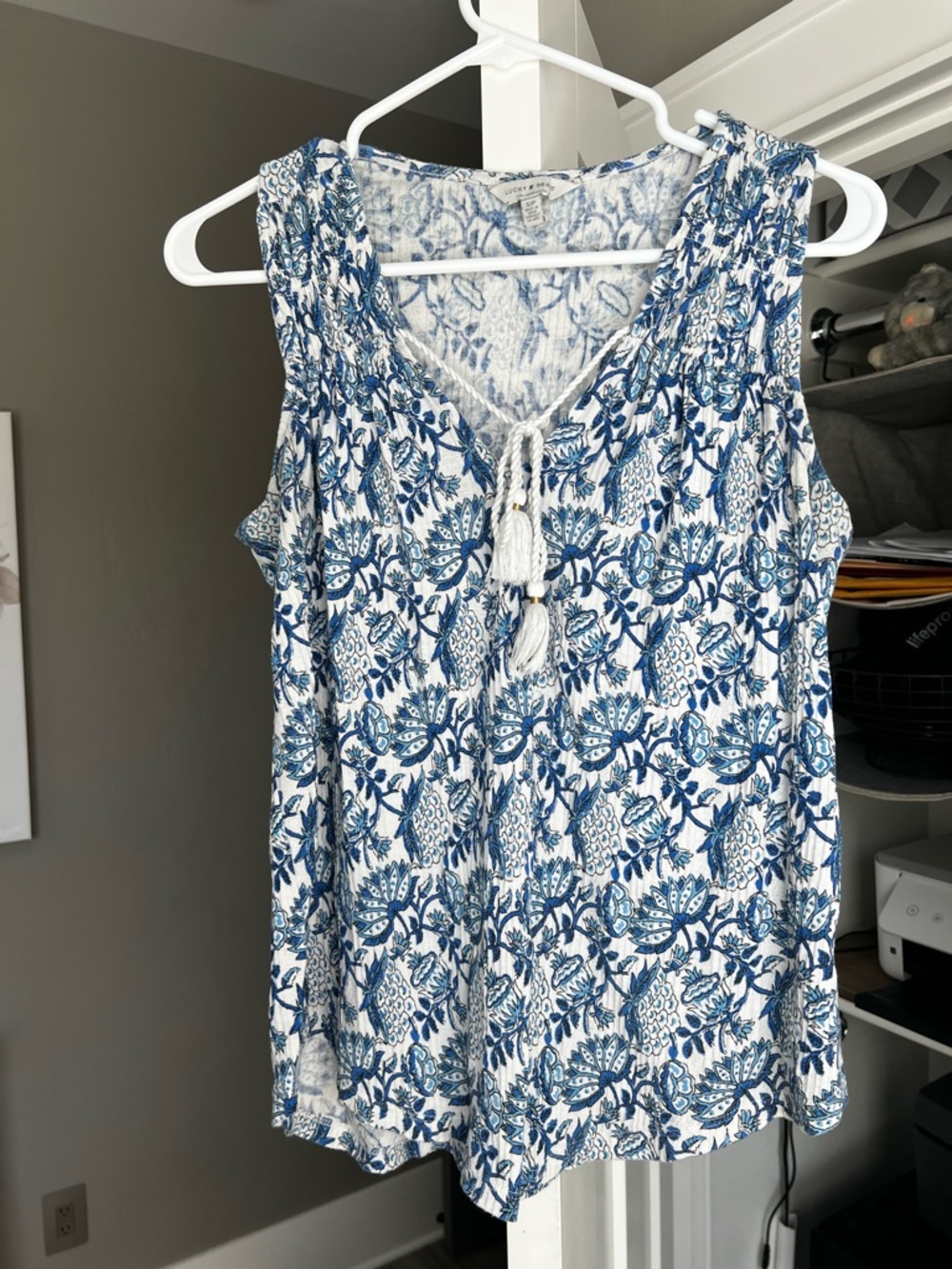 Lucky Brand White and Blue Floral Tie-Front Sleeveless top